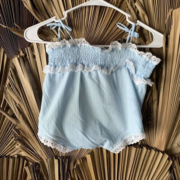 Vintage Romper Blue with Lamb and Lace size 18 mo - 2T 1970's Childrens Clothes - Picture 5 of 6